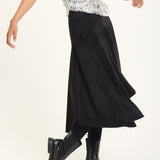 Black Faux Suede Asymmetric Midi Skirt
