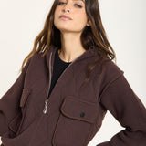 Brown Utility Zip Knit Jacket with Hood