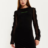 House Of Holland Mesh Mini Dress With Ruched Sleeve Details in Black