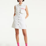 House Of Holland White Denim Mini Dress With Skater Embroidery