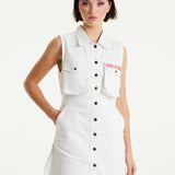 House Of Holland White Denim Mini Dress With Skater Embroidery