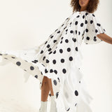 Tie Neck Polka Dot Pleated Ruffle Maxi Dress