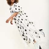 Tie Neck Polka Dot Pleated Ruffle Maxi Dress