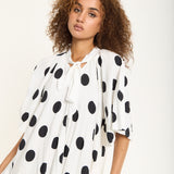 Tie Neck Polka Dot Pleated Ruffle Maxi Dress