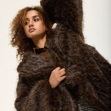 Brown Long Faux Fur Leopard Coat
