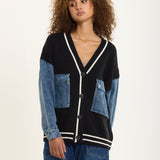 Denim Sleeve Contrast Knit Cardigan