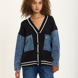 Denim Sleeve Contrast Knit Cardigan