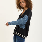 Denim Sleeve Contrast Knit Cardigan