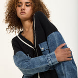 Denim Sleeve Contrast Knit Cardigan