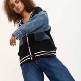 Denim Sleeve Contrast Knit Cardigan