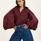 Burgundy Volume Sleeve Cotton Shirt