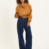 Tan Faux Leather Bomber Jacket