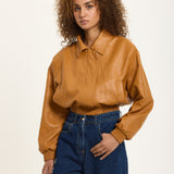 Tan Faux Leather Bomber Jacket