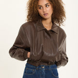 Brown Faux Leather Bomber Jacket