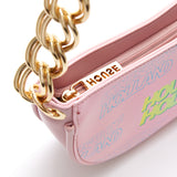 House Of Holland Shoulder Bag In Baby Pink With A Gold Chain Strap And Printed Logo