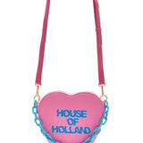 House Of Holland Heart Shape Cross Body Bag In Pink With A Chain Detail And Printed Logo