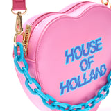 House Of Holland Heart Shape Cross Body Bag In Pink With A Chain Detail And Printed Logo