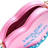 House Of Holland Heart Shape Cross Body Bag In Pink With A Chain Detail And Printed Logo