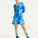 House Of Holland Aqua Mesh Abstract Wire Print Long Sleeve Dress With A Front Cut Out Detail