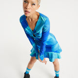 House Of Holland Aqua Mesh Abstract Wire Print Long Sleeve Dress With A Front Cut Out Detail