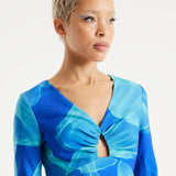 House Of Holland Aqua Mesh Abstract Wire Print Long Sleeve Dress With A Front Cut Out Detail