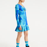 House Of Holland Aqua Mesh Abstract Wire Print Long Sleeve Dress With A Front Cut Out Detail