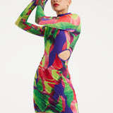 House Of Holland Abstract Multicolour Print Mini Dress With Cut Out Details