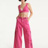 House of Holland Hot Pink Denim Wide Leg Cargo Trousers