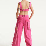 House of Holland Hot Pink Denim Wide Leg Cargo Trousers