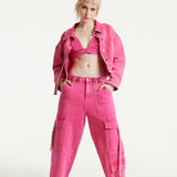 House of Holland Oversized Hot Pink Denim Jacket With Studs