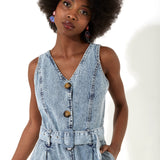 House of Holland Blue 90’s Look Denim Jumpsuit With A Belt And Tortoise Shell Buttons