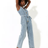 House of Holland Blue 90’s Look Denim Jumpsuit With A Belt And Tortoise Shell Buttons