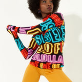 House of Holland High Neck Multi Colour Neon Light Print Jersey Top with Thumb Holes and a Key Hole Cut Out