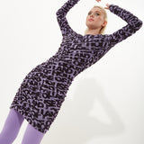 House Of Holland Rouched Mesh Long Sleeve Printed Mini Dress In Purple And Black