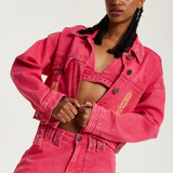 House of Holland Oversized Hot Pink Denim Jacket With Studs