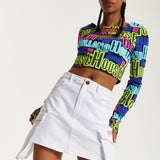 House of Holland Printed Multicolour Crop Top With Cut Out Details