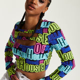 House of Holland Printed Multicolour Crop Top With Cut Out Details