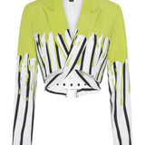 House Of Holland Stripe Monochrome Acid Green Splash Crop Blazer With Belt