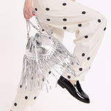 Silver Metallic Fringe Bucket Bag