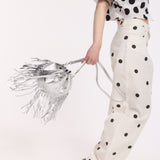 Silver Metallic Fringe Bucket Bag