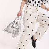 Silver Metallic Fringe Bucket Bag