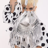 Silver Metallic Fringe Bucket Bag