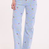 Blue Gingham Cherry Straight Leg Trousers