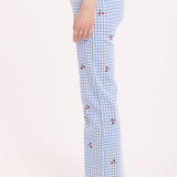 Blue Gingham Cherry Straight Leg Trousers
