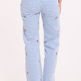Blue Gingham Cherry Straight Leg Trousers