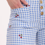 Blue Gingham Cherry Straight Leg Trousers