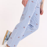 Blue Gingham Cherry Straight Leg Trousers