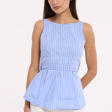 Blue Pinstripe Open-Back Tie Peplum Top