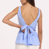 Blue Pinstripe Open-Back Tie Peplum Top