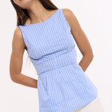 Blue Pinstripe Open-Back Tie Peplum Top
